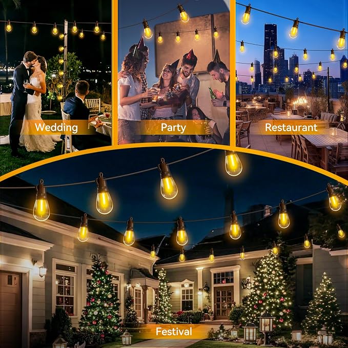 Outdoor String Lights Patio LED - 15M 50FT Outside Waterproof Dimmable | Shatterproof, S14 Porch Light Edison Plastic Bulb Pergola Hanging Balcony Connectable Yard Gazebo Backyard Garden Bistro