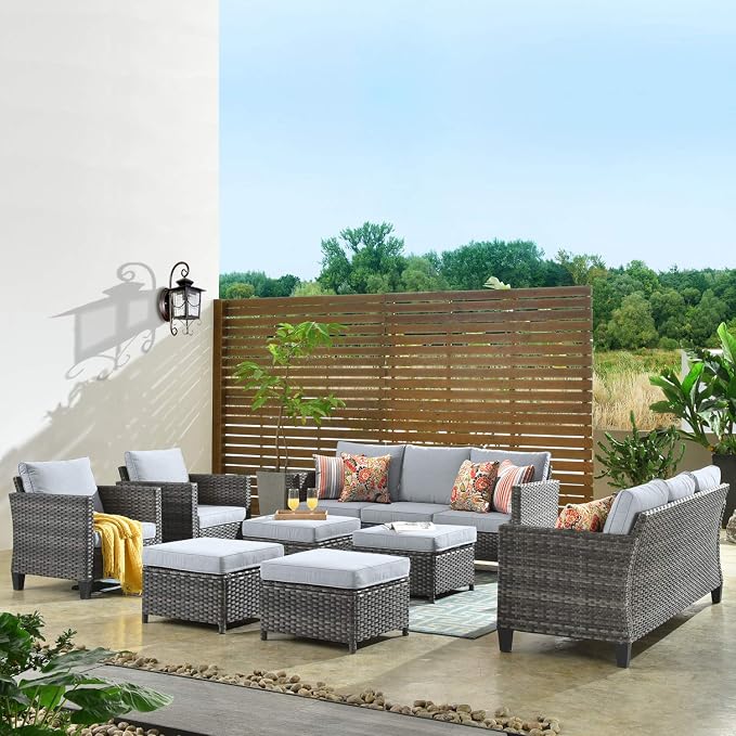 ovios Patio Furniture Set, 8 Pieces Outdoor Wicker Sofa Couch with Chairs, Ottomans and Comfy Cushions, All Weather High Back Rattan Conversation Set, Grey
