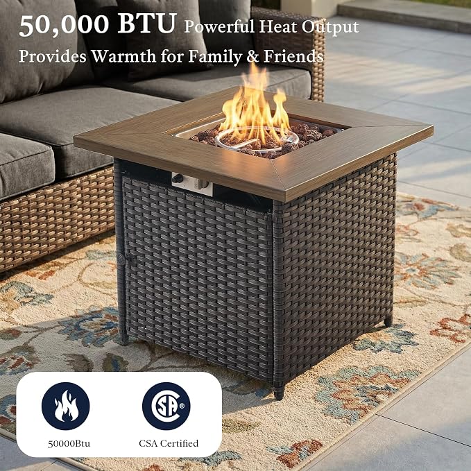 Wicker Patio Furniture Set- 4 Pieces Outdoor Swivel Rocker Chairs with 50,000 BTU Fire Pit Table,PE Rattan Outdoor Conversation Set for Garden Porch Deck