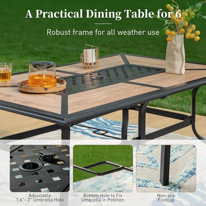 SUNSHINE VALLEY 61" Patio Dining Table for 6,Teak Color Rectangle Patio Table with Umbrella Hole,E-Coating and Powder Coating Steel Frame Metal Outdoor Patio Table for Garden Backyard Lawn Yard