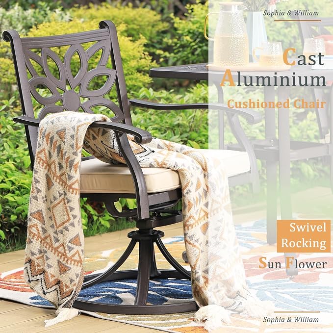 Sophia & William Patio Dining Set, Cast Aluminum, Swivel Chairs, Brown | 350 lbs Chair Capacity