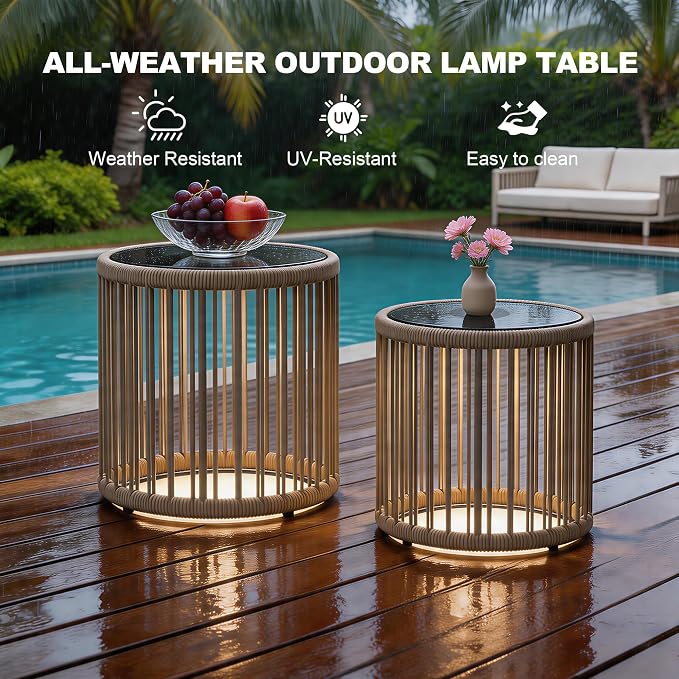 Outdoor Side Tables with Solar Lights, Metal Patio Table Set of 2, Outdoor Led Tables Weather Resistant for Garden, Poolside, Backyard, Gray