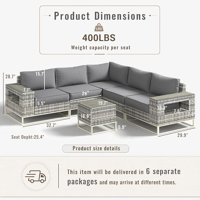 12-Piece Outdoor Patio Furniture Set, Modern PE Wicker Outdoor Sectional Sofa with Storage Armrests & 5.5" Thick Cushions, L-Shaped Couch for Deck, Porch, Backyard, Charcoal Gray