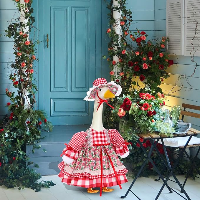 Spring Flower Goose Outfit Daisy Rose Floral Dress for 23'' Cement Plastic Goose Statue for Valentines Day Summer Outdoor Garden Yard Patio Lawn Decor(Red Rose)
