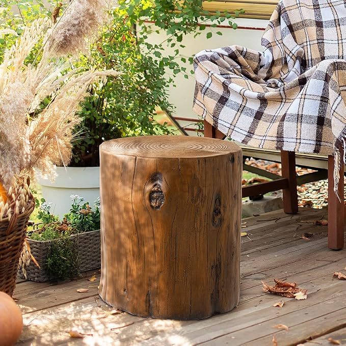 SUNBURY 15" W Stump Side Table Set of 2, Concrete Side Table Garden Stool, Walnut Tree Stump, Plant Stand Holder for Garden Household Living Room