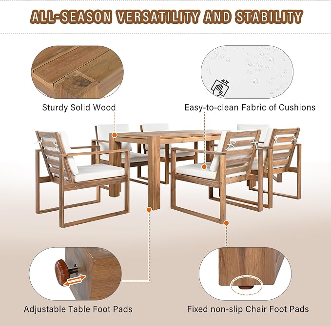 Patio Table and Chairs Set,Outdoor Dining Set for 6 with Umbrella Hole,7 Piece Outdoor Patio Furniture Set Wood Frame with Removable Cushion for Garden,Backyard,Lawn,Poolside (Beige+Light Teak#019)