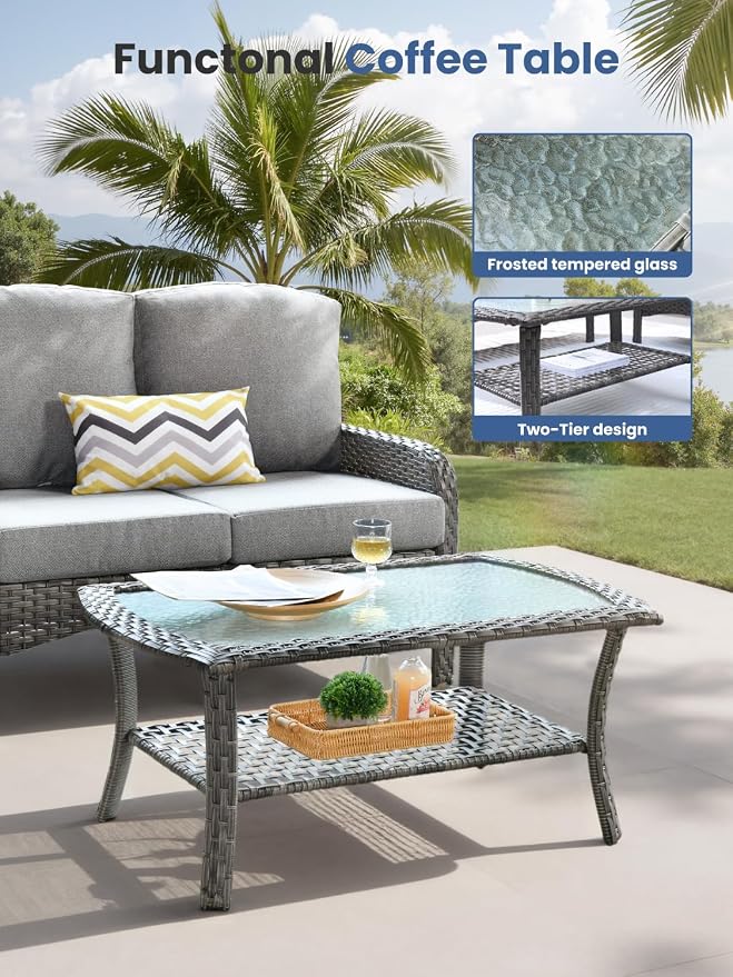 2-Piece Outdoor Patio Furniture Set with Coffee Table, Outdoor Conversation Wicker Sofa with Thickened Cushions, Rattan Couch for Deck Yard Poolside, Dark Grey