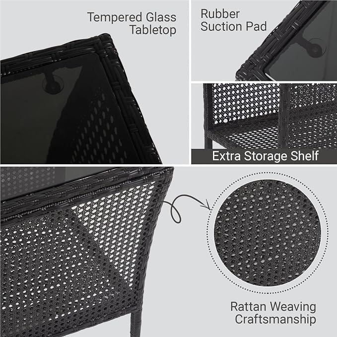 Outdoor Side Table - Patio Rattan End Table with Square Glass Tabletop, Wicker Outdoor Side Table with Extra Storage Shelf for Garden, Backyard, Porch, Black