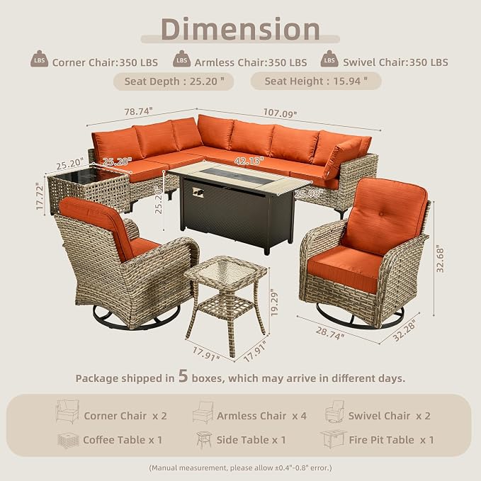 CAODOC 11-Piece Outdoor Sectional Sofa Set w/ 54" Fire Pit – L-Shaped Wicker Patio Furniture, Deep Seating & Swivel Rockers,Red-Striped