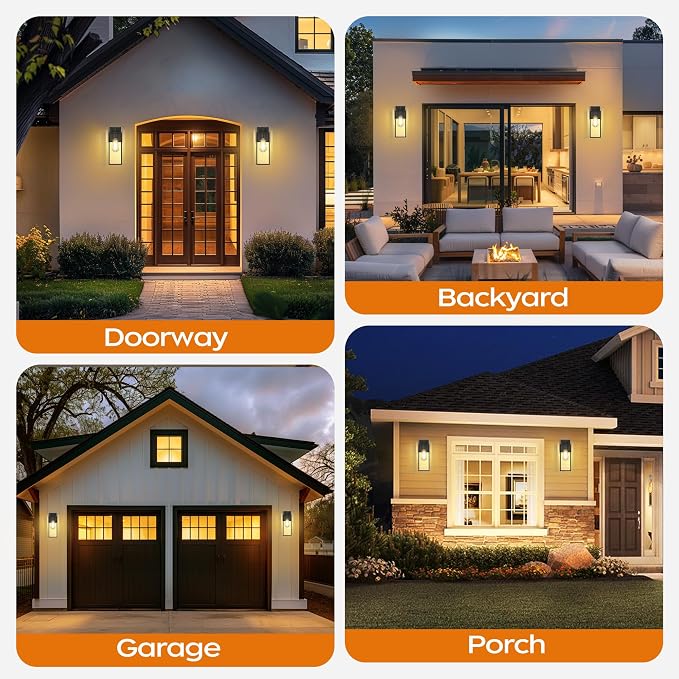16" Dusk to Dawn Exterior Lighting Fixture, Outdoor Porch Light Wall Sconce | Anti-Rust Metal Frame, Tempered Glass, E26 Base, Waterproof, Sensor Wall Lantern for Patio, Garage, Entryway