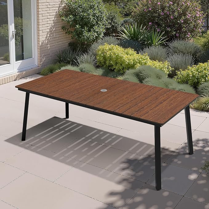 Crestlive Products Outdoor Dining Table for 6, 70' Rectangular Patio Table with Metal Frame 1.6" Umbrella Hole for Backyard Balcony Garden, Walnut