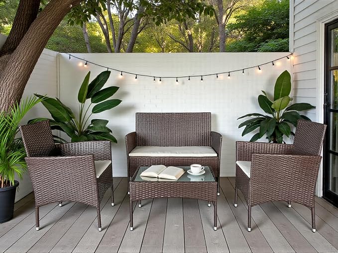 GIANGSUNNY 4 Piece Patio Furniture Set, Outdoor Hand-Woven Wicker Rattan Conversation Set with Double-Sided Tempered Glass Table, Weather-Resistant Seating for Patio, Balcony, Porch, Garden (Brown)
