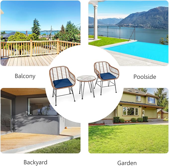 DORTALA 3 Piece Patio Bistro Set, Outdoor Wicker Furniture with Round Tempered Glass Top Table & 2 Rattan Armchairs, Cushions, Conversation Set for Porch, Backyard, Garden, Navy
