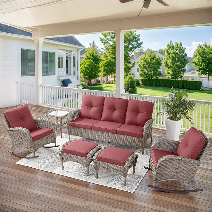 Belord 5 Piece Patio Rocking Chairs Furniture Set - Outdoor Wicker Furniture with Ottomans and Side Table, Rattan Conversation Bistro Set for Porch Balcony Backyard