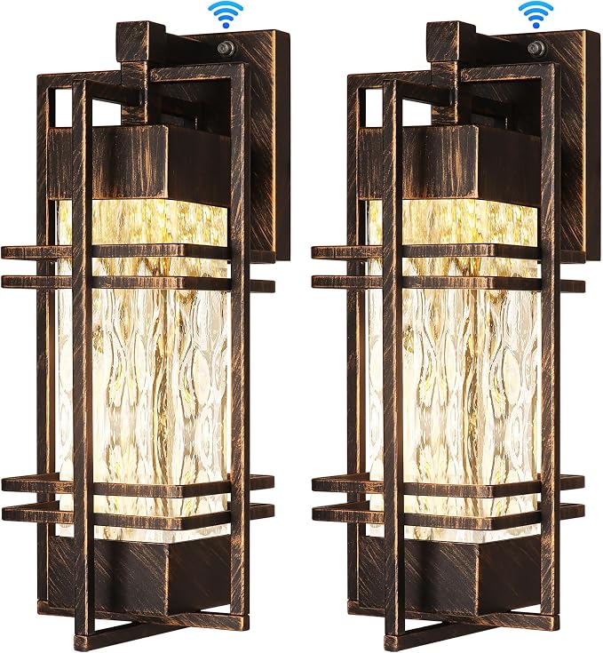 WIHTU 15'' Dusk to Dawn Outdoor Wall Lantern, Porch Light, Gold-Swept Black | Rustproof Metal Frame, Water Ripple Glass, T30 Bulb Included, E26 Bulb,2700K Warm Light, Patio Light for Front Door