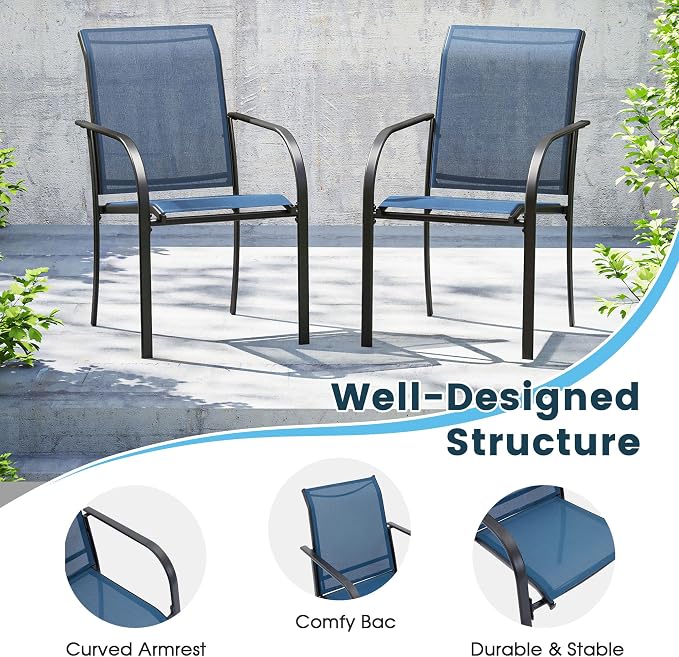 7 Pieces Patio Dining Set, 47" Round Dining Table with Umbrella Hole, 6 Stackable Textilene Fabric Chairs, Metal Structure for Patio, Porch, Garden(Black Table, Blue Chair)