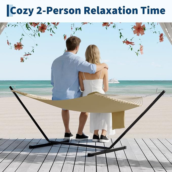 Double Quilted Hammock with Wooden Spreader Bar, 2 Person for Outdoor Without Stand, Patio Backyard Poolside, Brown-Yellow