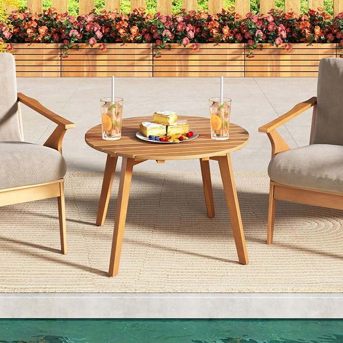 Tangkula Outdoor Side Table, 24.5 Inch Acacia Wood Round Accent Bistro Patio Table with Slatted Tabletop, for Backyard, Balcony, Poolside, Garden (1)