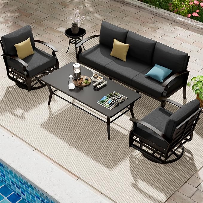 Aluminum Patio Furniture Set with Coffee Table,5 Seats Metal Modern Outdoor Furniture Set w/5.1" Thick Cushions,Patio Sectional w/Swivel Chairs for Backyard,Patio,Grey