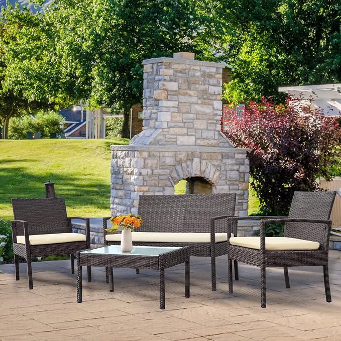 4 Piece Outdoor Patio Furniture Set, Rattan Patio Conversation Set | Thick Polyester Cushions, Tempered Coffee Table, Steel Frame Easy Assembly, Suit for Backyard Porch Poolside Balcony, Beige