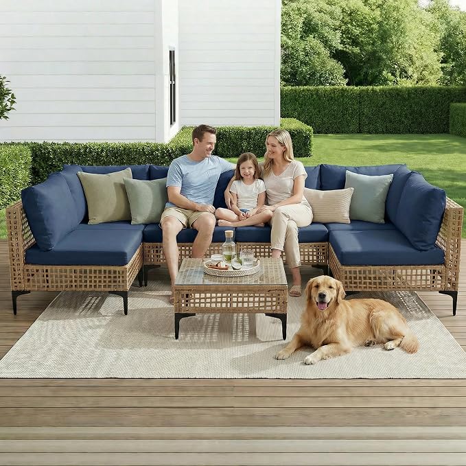 7 PCs Outdoor Patio Furniture All Weather Wicker Rattan Sectional Conversation Sofa Set w/Water Resistant Cushions, Coffee Table for Paito, Lawn, Garden, Dark Blue