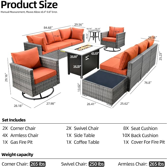 CAODOC 11 Piece Outdoor Patio Furniture Set with 42" Fire Pit Table, Wicker Sectional Conversation Set Whit Swivel Chairs,Modern Outside Sofa for Balcony Backyard(Red)