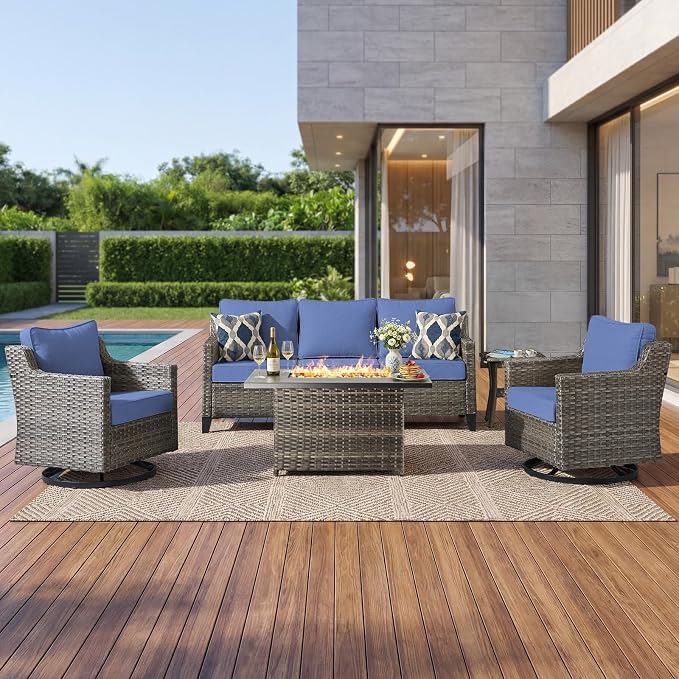 Luxury Patio Furniture Fire Pit Table Set - 5 Pieces All Weather Wicker Outdoor Couch and High Back Swivel Rocker Patio Chairs with fire pit for Deck Yard and Poolside Gray Wicker | Blue Cushions