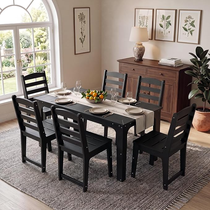 HDPE Outdoor Dining Table & Chairs Set for 6 Person, Black(7-Piece) | Weather-Resistant Patio Furniture Set with Metal Support Bars and Umbrella Hole Cut-Out for Poolside Garden Backyard Deck