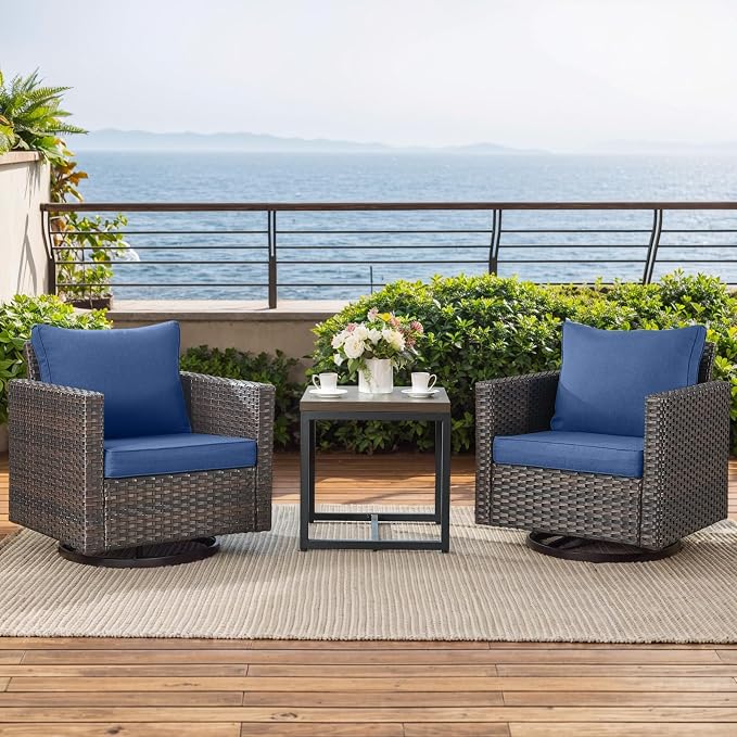 Luxury Outdoor Patio Swivel Rocker Chairs - 3 Piece Wicker Patio Furniture Bistro Swivel Rocking Chairs Set with Comfortable Cushions,Sturdy Metal Frame and Side Table for Porch Deck(Brown/Blue)
