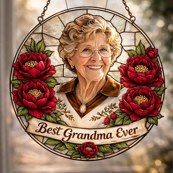 Personalized November Peony Birth Flower Stained Glass Suncatcher – Custom Photo & Name Window Hanging Keepsake Gift for Mom, Grandma, Mother’s Day or November Birthday