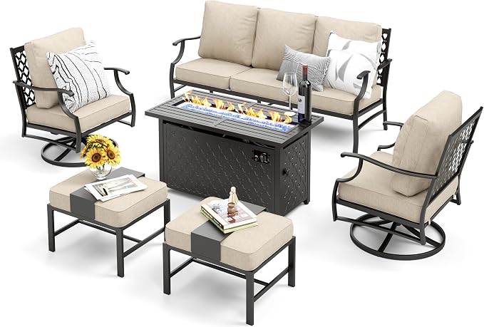 MIXPATIO Patio Furniture Set, 6 Pcs Metal Outdoor Conversation Set, 2 Swivel Chairs, 2 Ottomans and 3 Seater Sofa with 5.75" Extra Thick Cushion and Gas Fire Pit Table, Beige