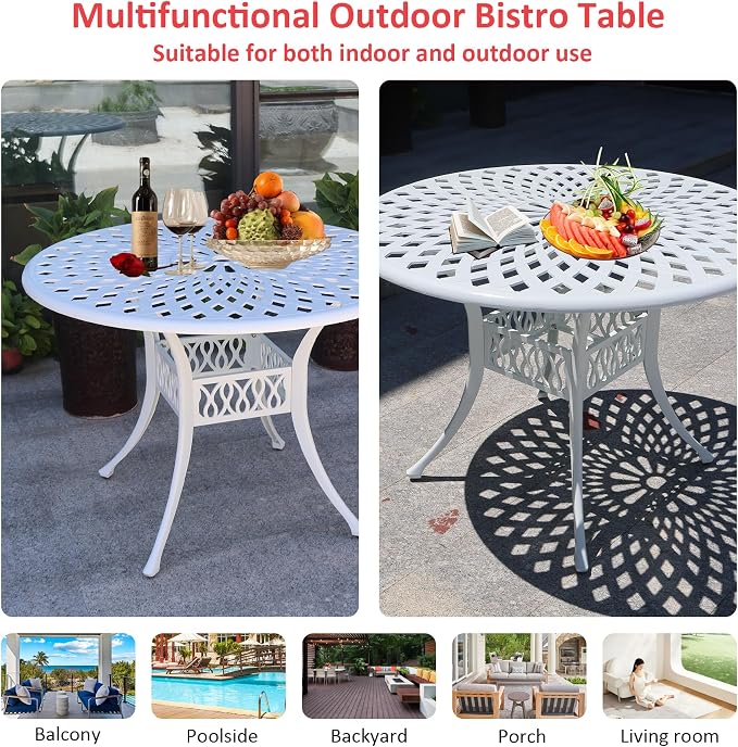 42" Cast Aluminum Outdoor Dining Table,Dining Conversation Side Table, Patio Bistro Table with 1.97" Umbrella Hole for Backyard, Garden, Patio, Porch