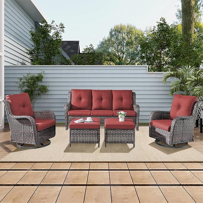 Rilyson Wicker Patio Furniture Set - 5 Piece Rattan Outdoor Sectional Conversation Sets with 2 Rocking Swivel Chairs,2 Ottomans and 1 Sofa for Porch Deck Garden(Mixed Grey/Red)