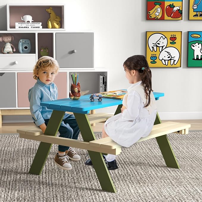 Costzon Kids Picnic Table, Acacia Wood Kids Outdoor Table with Benches, Toddler Patio Furniture Set for Backyard, Garden, Lawn, Gift for Boys Girls 3+ (Green)