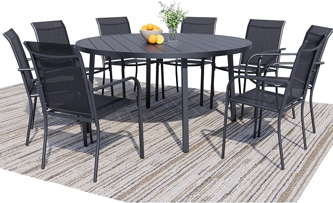 9 Pieces Patio Dining Set for 8, Black Patio Stackable Chairs and Black Round Table Set of 8, Outdoor Furniture Set with Sling Support for Outside, Garden