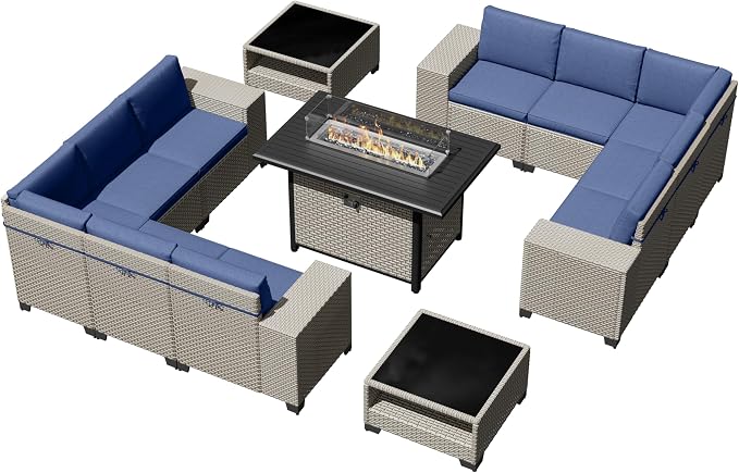 13-Piece Outdoor Patio Furniture Set with Fire Pit, Modular Sectional Sofa Set with Glass Coffee Table and Cushions, Wicker Outdoor Couch Conversation Sets, Blue
