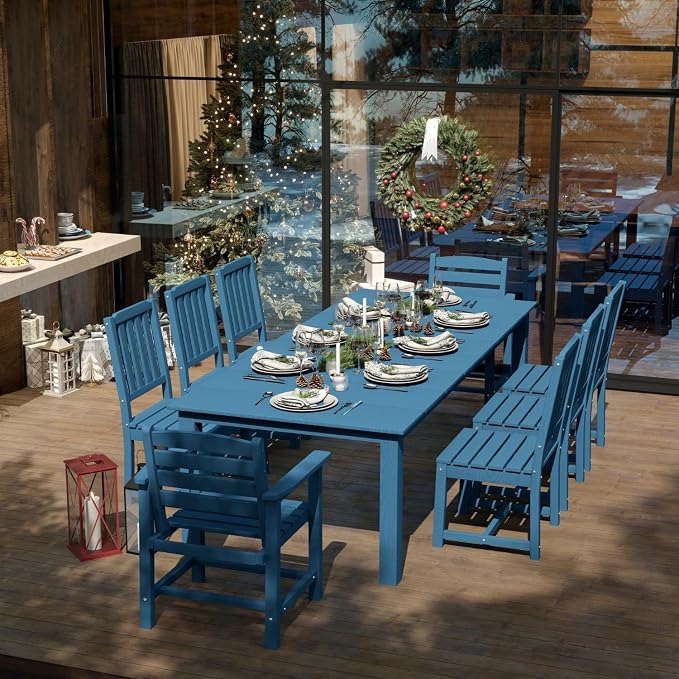 5-Piece Outdoor Dining Set with 75.2" Table for 4,Navy Blue | HDPE material, umbrella hole design, weather-resistant furniture, perfect for garden, lawn, poolside, yard, balcony, deck