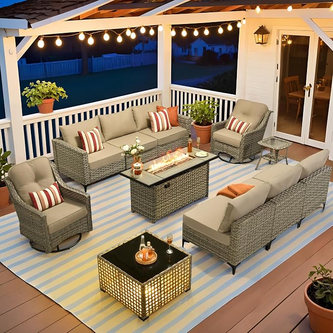 HOOOWOOO Outdoor Patio Furniture Set with Fire Pit Table,11 Pieces Wicker Out Door Sectional Furniture L Shaped Couch,Outside Patio Conversation Swivel Chair Sets,Beige