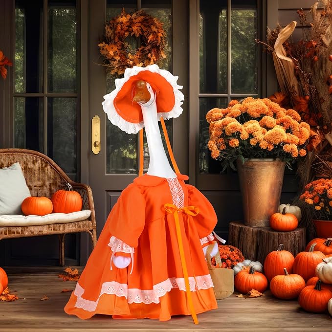 Soulchen Fall Porch Goose Outfit Set 23" Cute Lolita Goose Clothes Dress and Hat Costume Set for Fall Patio Yard Lawn Statue Decor