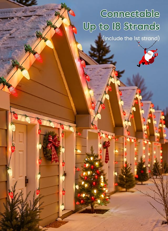 C9 Christmas Lights Outdoor, 102FT 150 LED String Lights with Spring Clips | Waterproof Connectable Commercial Grade Christmas Tree Lights for Outside Roofline Patio Yard Home Xmas Decor, Red|Warm White
