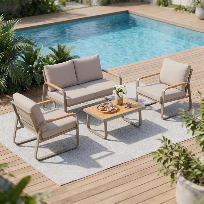 Outsunny 4 Piece Patio Furniture Set, Outdoor Conversation Set with Loveseat, 2 Armchairs, Coffee Table and Cushions, Garden Furniture with Metal Frame for Poolside Porch, Brown