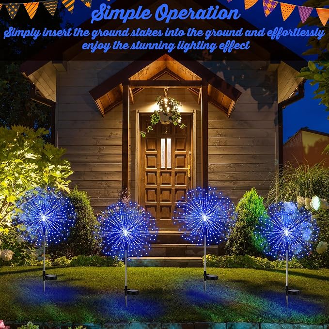 Tujoe Halloween Decoration Outdoor 4 Pack Solar Firework Light with 180 LED Halloween Solar Lights 8 Lighting Modes for Yard Garden Pathway Party Decoration(Blue)