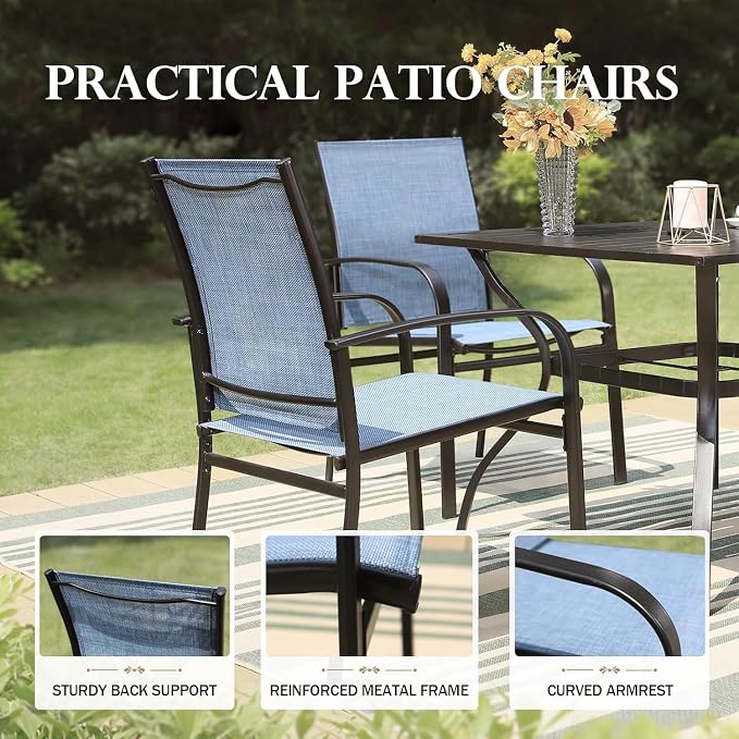 HERA'S HOUSE 7pc Outdoor Patio Dining Set for 6, Textilene Chairs, Blue | 60" rectangular metal table with umbrella hole. Waterproof, rust-resistant, all-weather for backyard, porch