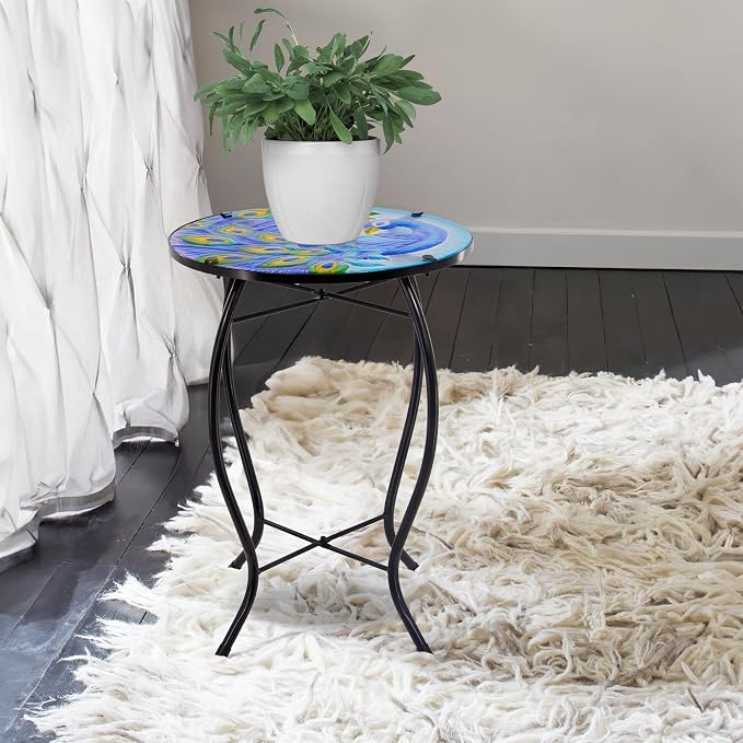 12 Inch Round Peacocks Glass Side Table, Patio Small Table, Outdoor Side Table, Outdoor Bar Table, Metal Glass End Table for Porch Garden Patio Pool Living Room