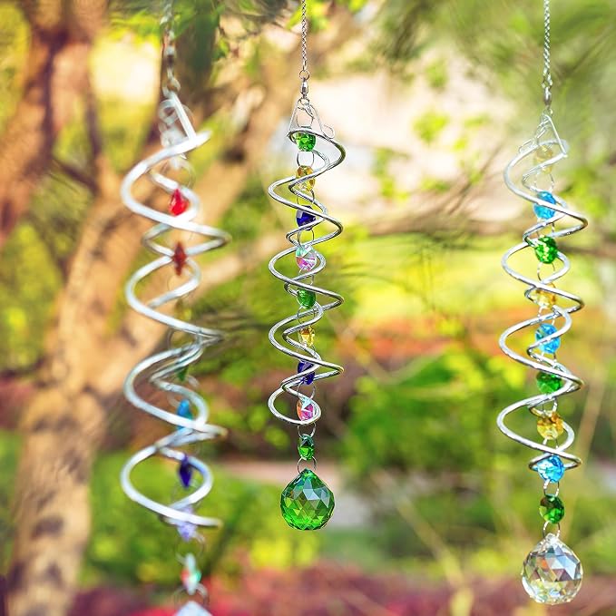 5 Pack Crystal Gazing Ball Spiral Wind Spinner Garden Decor | Crystal Suncatcher Wind Spinner with Spiral Tail Gazing Ball Hanging for Indoor Outdoor Garden Patio Yard Home Decor