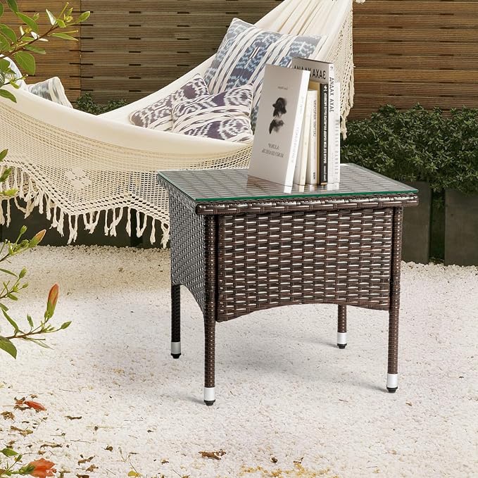 20" Square Patio Side Table,Small Outdoor Wicker End Tables,All-Weather Rattan Coffee Table,Bistro Dining Tables,with Glass Tabletop,for Lawn Garden Backyard Deck Porch Poolside Balcony (Brown)