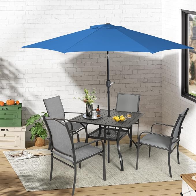 Crownland 5 Piece Patio Dining Set, Outdoor Textilene Dining Sets, 4 Textilene Metal Chairs and Square Outdoor Dining Table with Dark Blue 9FT Round Outdoor Umbrella (Grey)