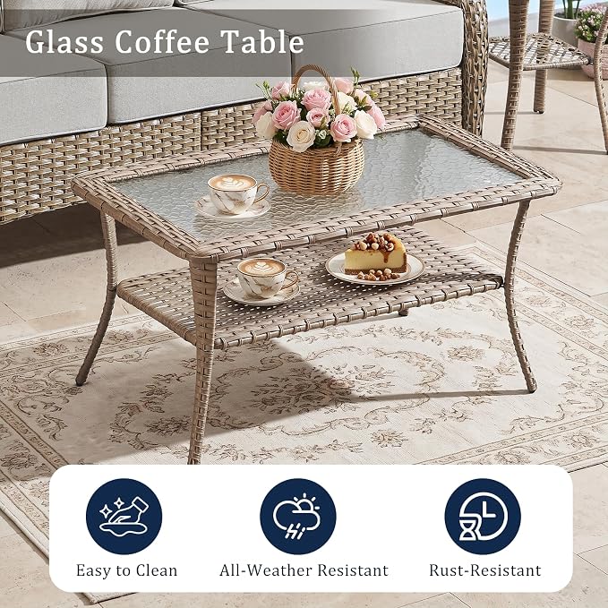Luxury High Back Outdoor Furniture with 6-Inch Thick Cushions, Patio Furniture Set with Swivel Chairs, 8 PCS Wicker Conversation Set for Porch, Balcony, Deck and Yard