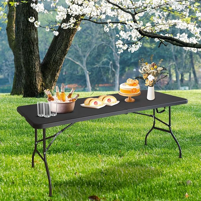 Anwick 6 Foot Folding Table Portable Fold-in-Half Plastic Picnic Table w/Handle and Steel Legs for Indoor, Outdoor, Camping, Party, Garden (Black, 6ft)