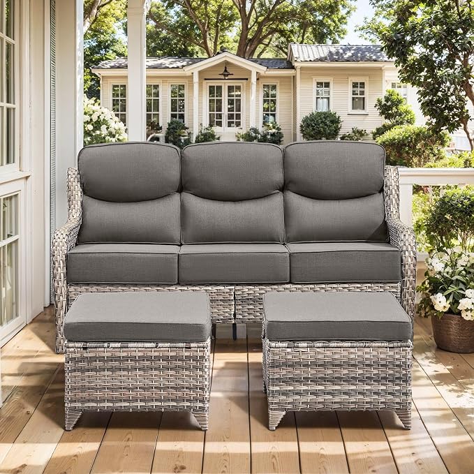 HUMMUH Luxury Patio Furniture Set 6-inch Thick Cushions High Back Swivel Rocker Chairs & 3 Seater-Couch & Steel Fire Pit Table 11 Pieces Outdoor Conversation Set for Porch,Deck,Backyard